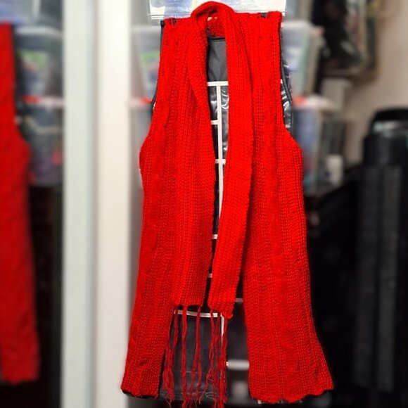 Red Knitted Cardigan Vest Sweater with Crochet Detail - Picture 3 of 9